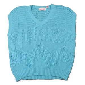 Vtg 70s 80s Sweater Vest 44 Teal Linen Sleeveless V-Neck Preppy Bright Colorful